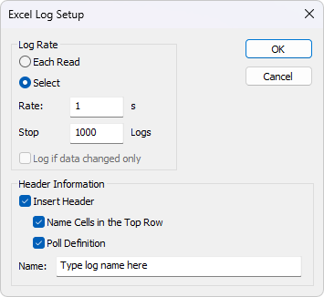 Modbus Excel log setup